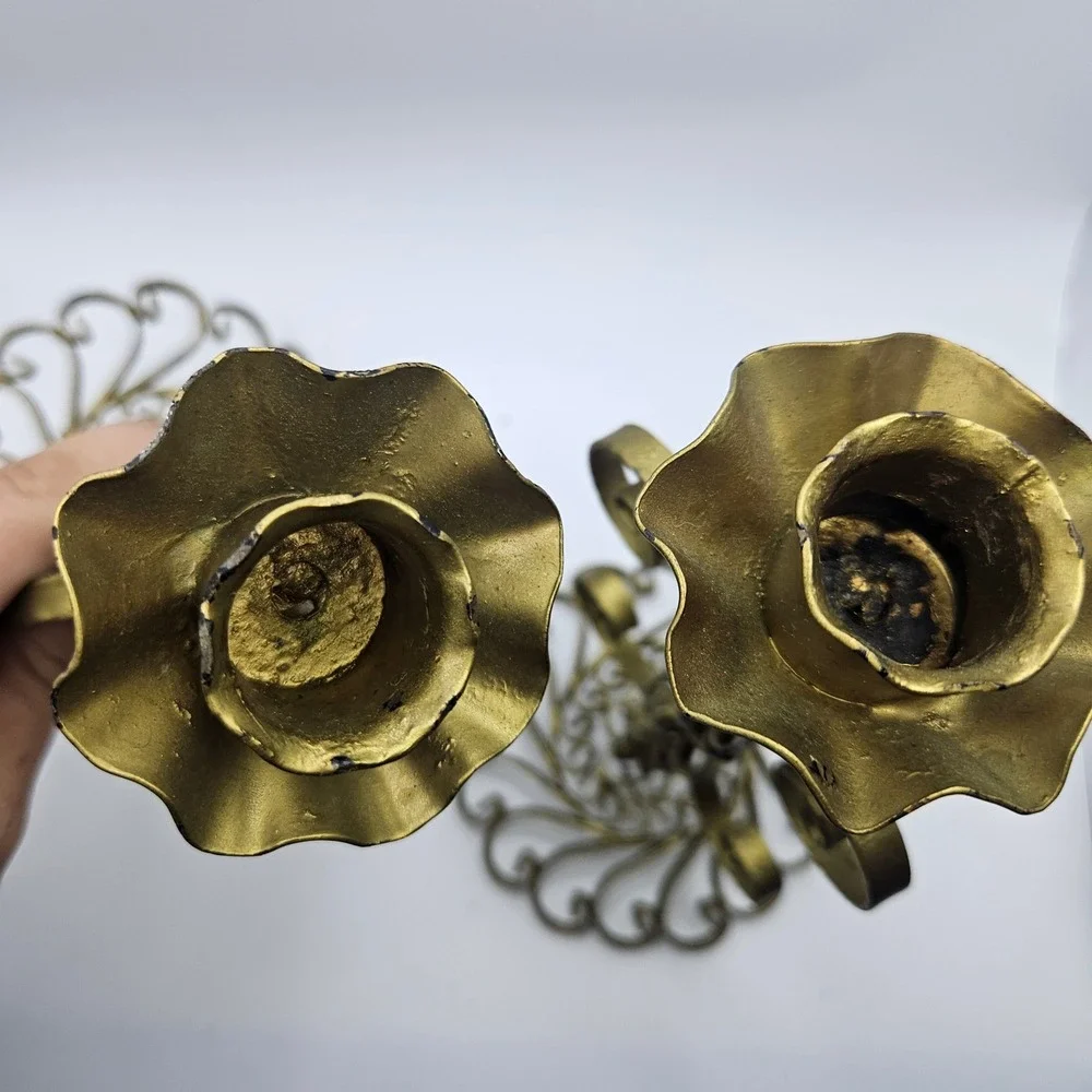 Vintage Wrought Iron Candle Holders Pair Ornate Gold Tone Metal‎ Candlesticks